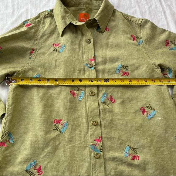 Hearts of Palm Green Linen Blend Shirt with Flamingos - Size 10 - Picture 7 of 11